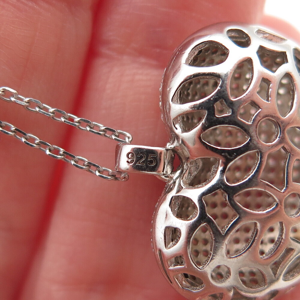 925 Sterling Silver Italy Round-Cut C Z Puffy Heart Cable Chain Necklace 16" - Picture 6 of 9